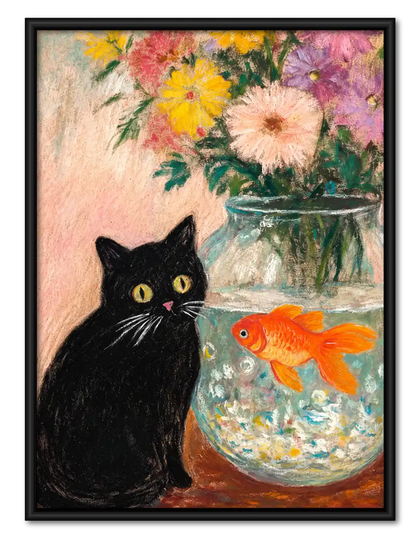 Black Cat Watching Goldfish Wall Art