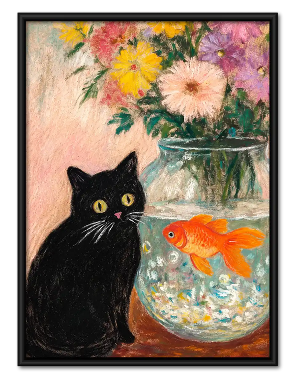 Black Cat Watching Goldfish Wall Art