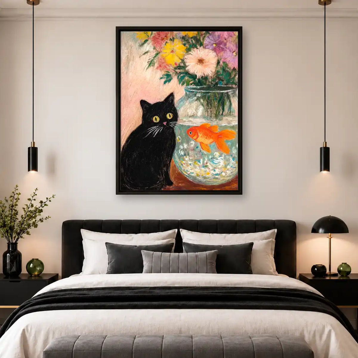 Black Cat Watching Goldfish Wall Art 4