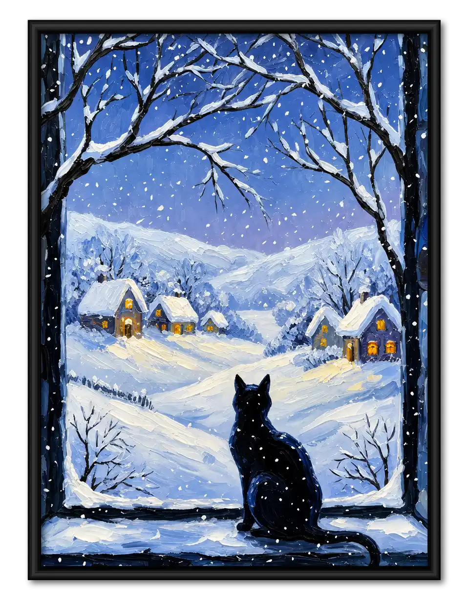 Black Cat Watching Snowy Village Wall Art 1