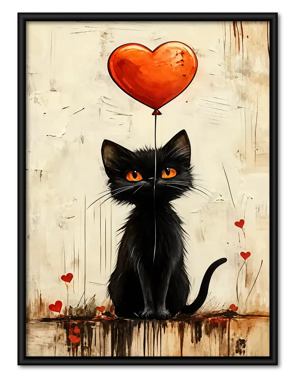 Black Cat With Heart Balloon Wall Art 1