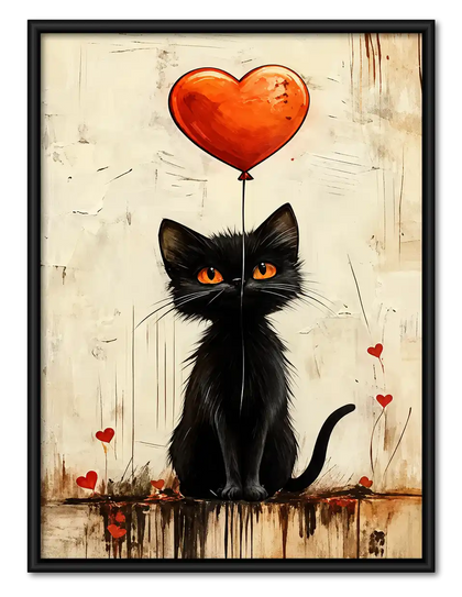 Black Cat With Heart Balloon Wall Art