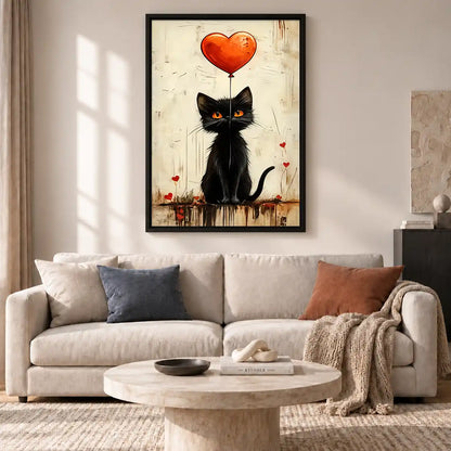Black Cat With Heart Balloon Wall Art 2