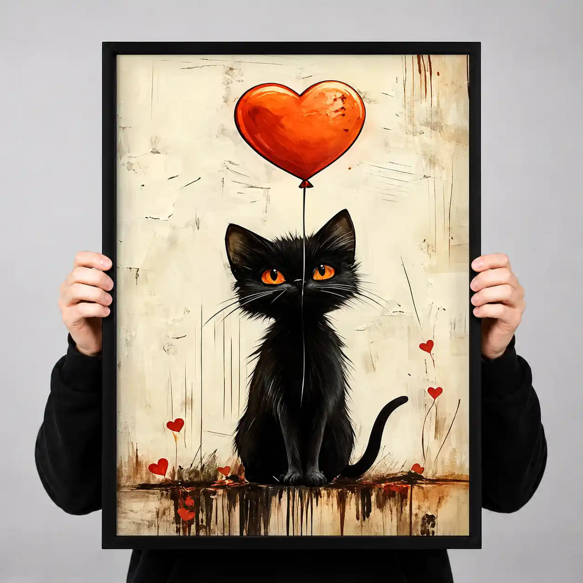 Black Cat With Heart Balloon Wall Art 3