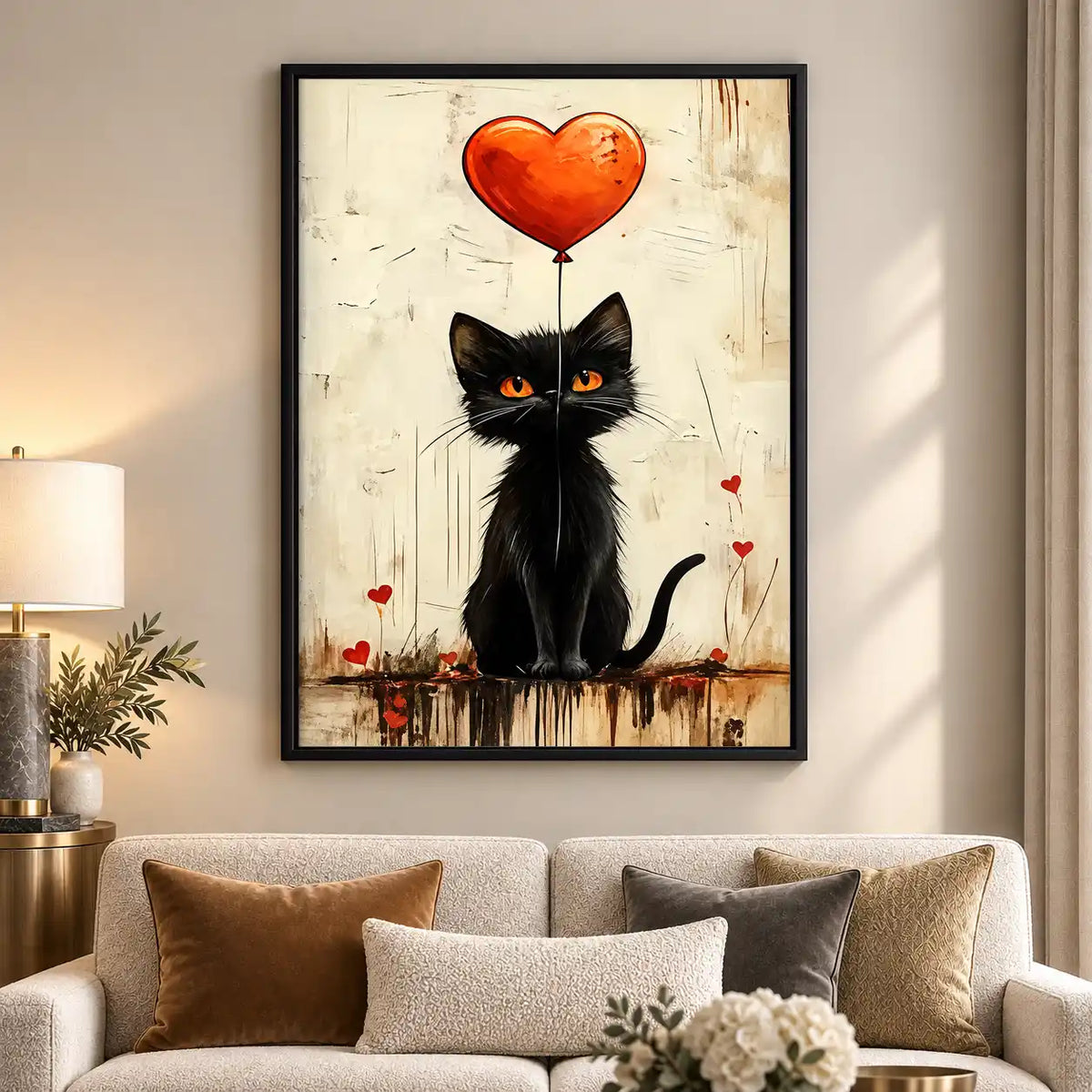 Black Cat With Heart Balloon Wall Art 5