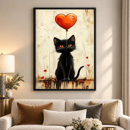 Black Cat With Heart Balloon Wall Art 5