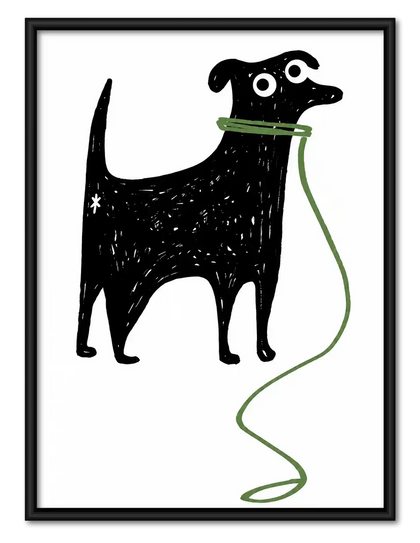 Black Dog Holding Green Leash Wall Art