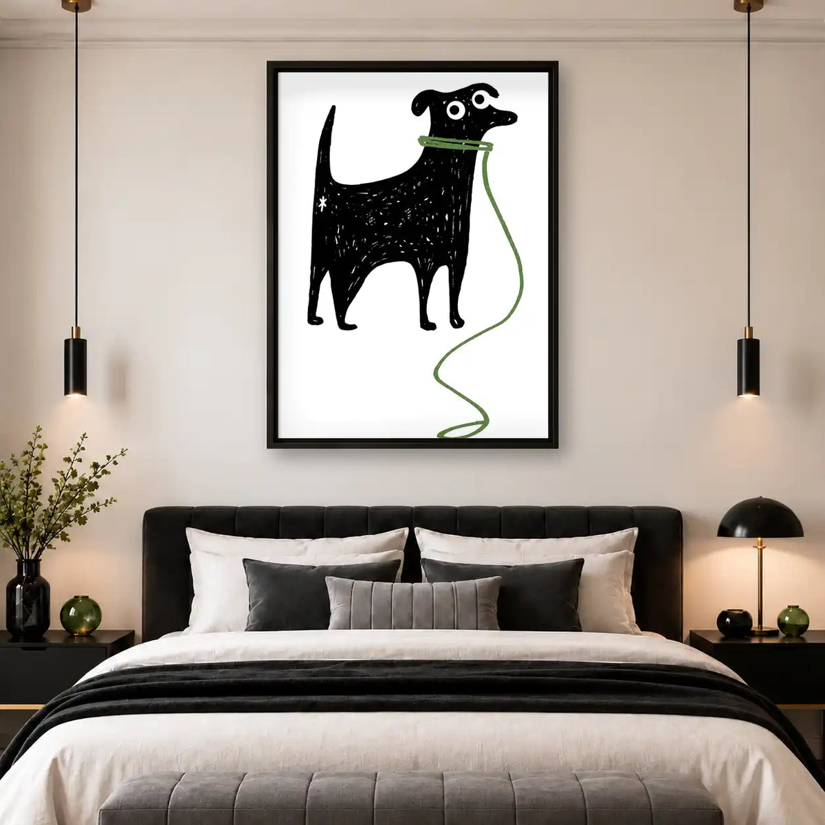 Black Dog Holding Green Leash Wall Art 4