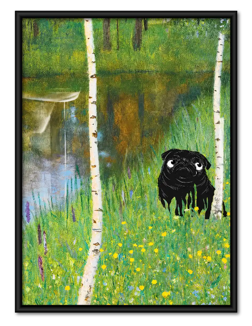 Black Dog In Birch Meadow Wall Art 1