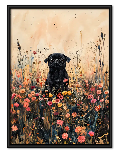 Black Dog In Wildflower Field Wall Art 1