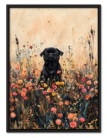 Black Dog In Wildflower Field Wall Art