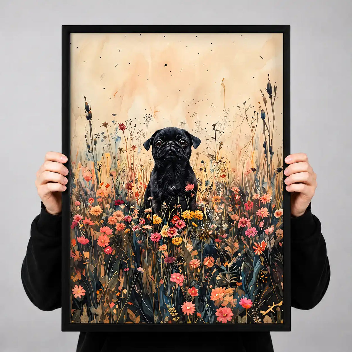 Black Dog In Wildflower Field Wall Art 3