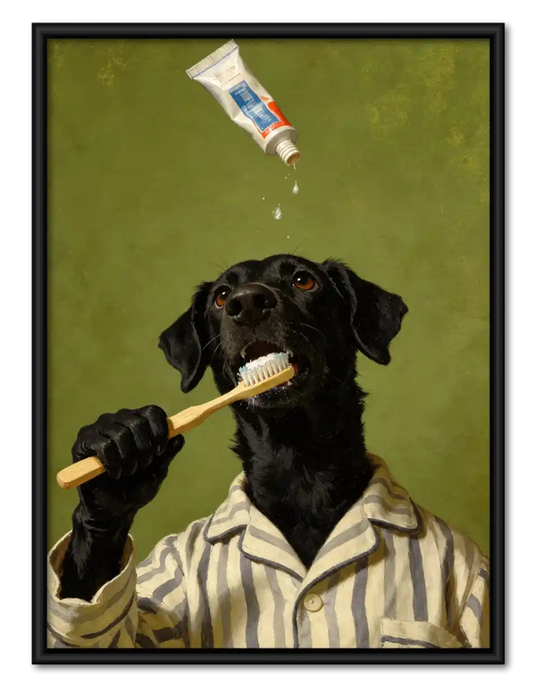 Black Labrador Brushing Teeth Wall Art