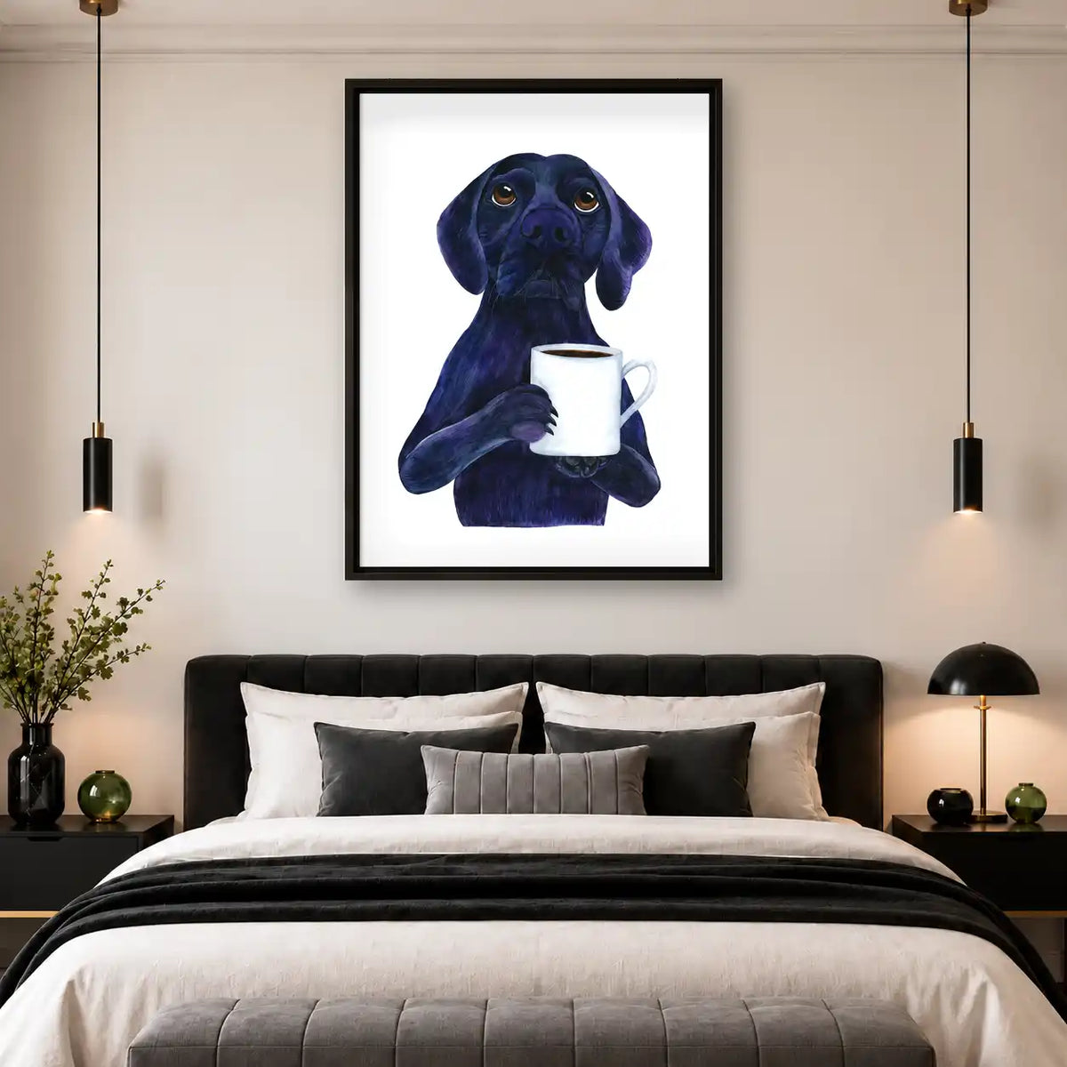 Black Labrador Holding Coffee Wall Art 4