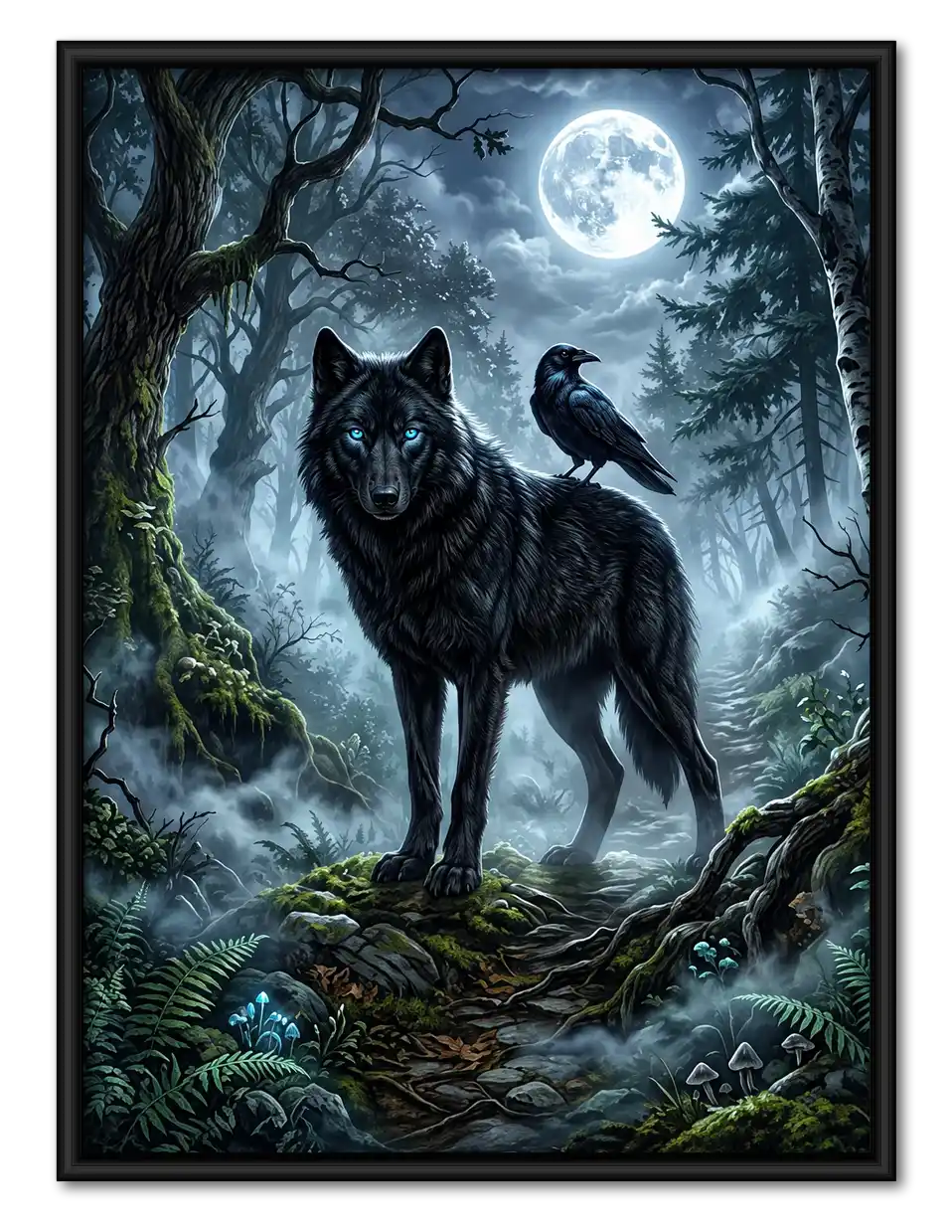 Black Wolf And Raven Moon Wall Art 1