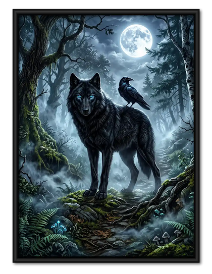 Black Wolf And Raven Moon Wall Art