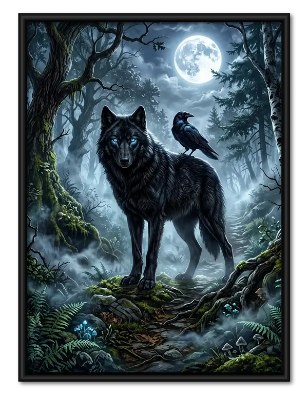 Black Wolf And Raven Moon Wall Art