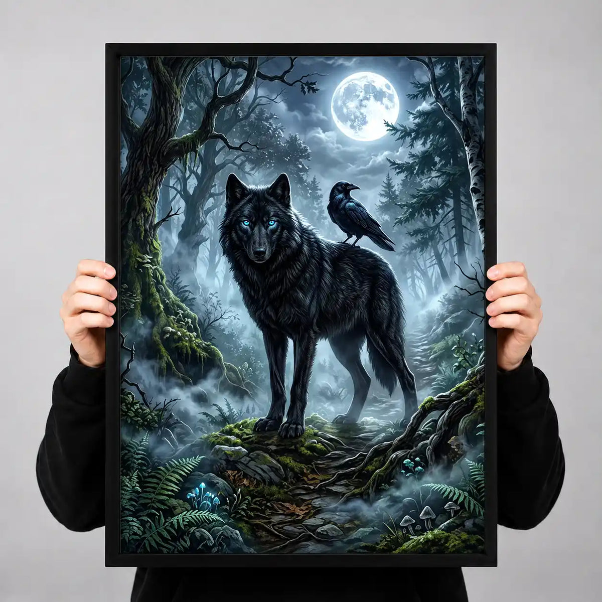 Black Wolf And Raven Moon Wall Art 3