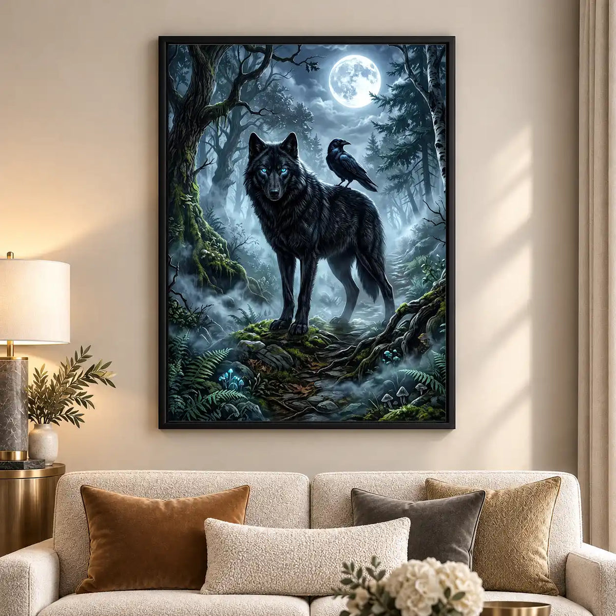 Black Wolf And Raven Moon Wall Art 5