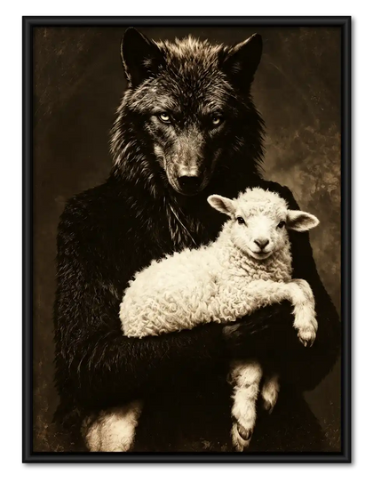 Black Wolf Holding White Lamb Wall Art