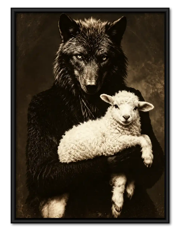 Black Wolf Holding White Lamb Wall Art
