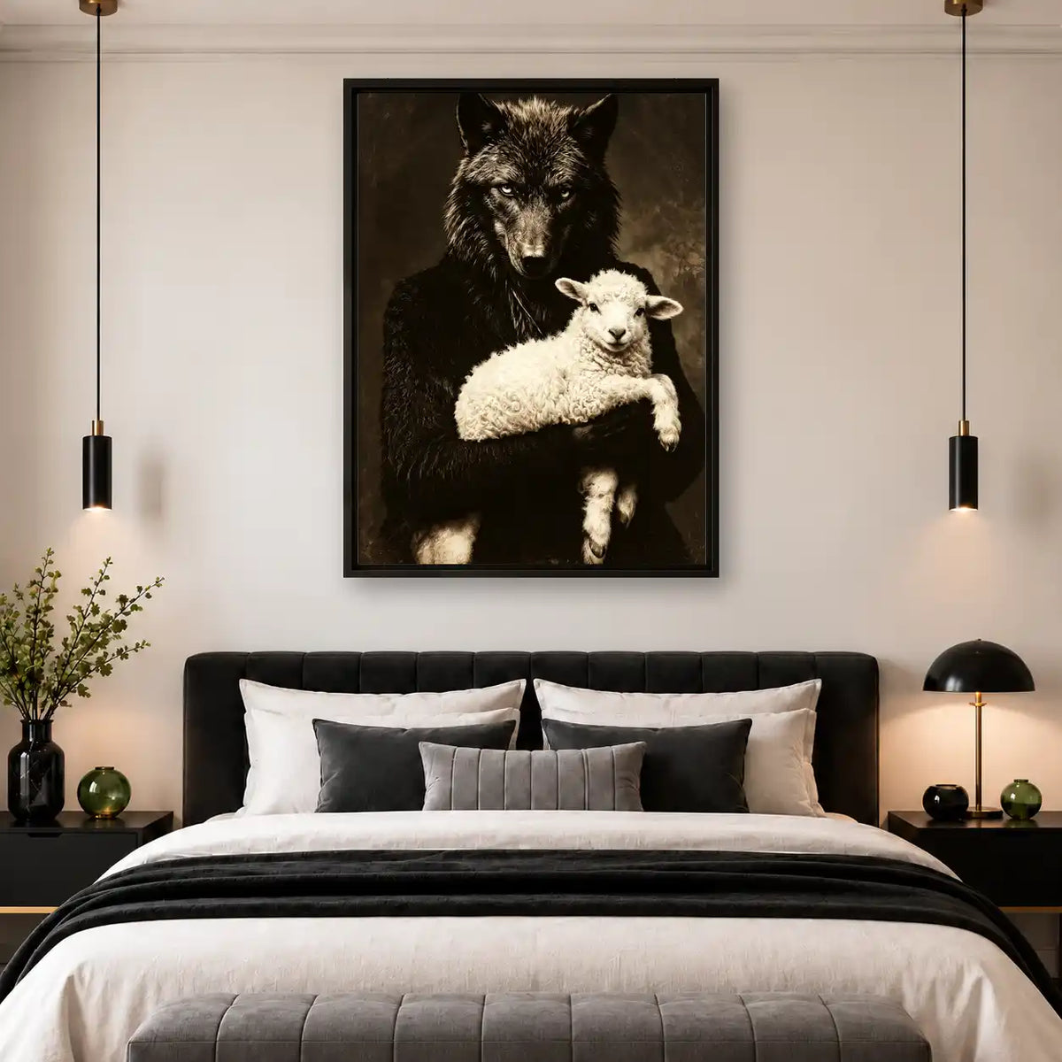 Black Wolf Holding White Lamb Wall Art 4