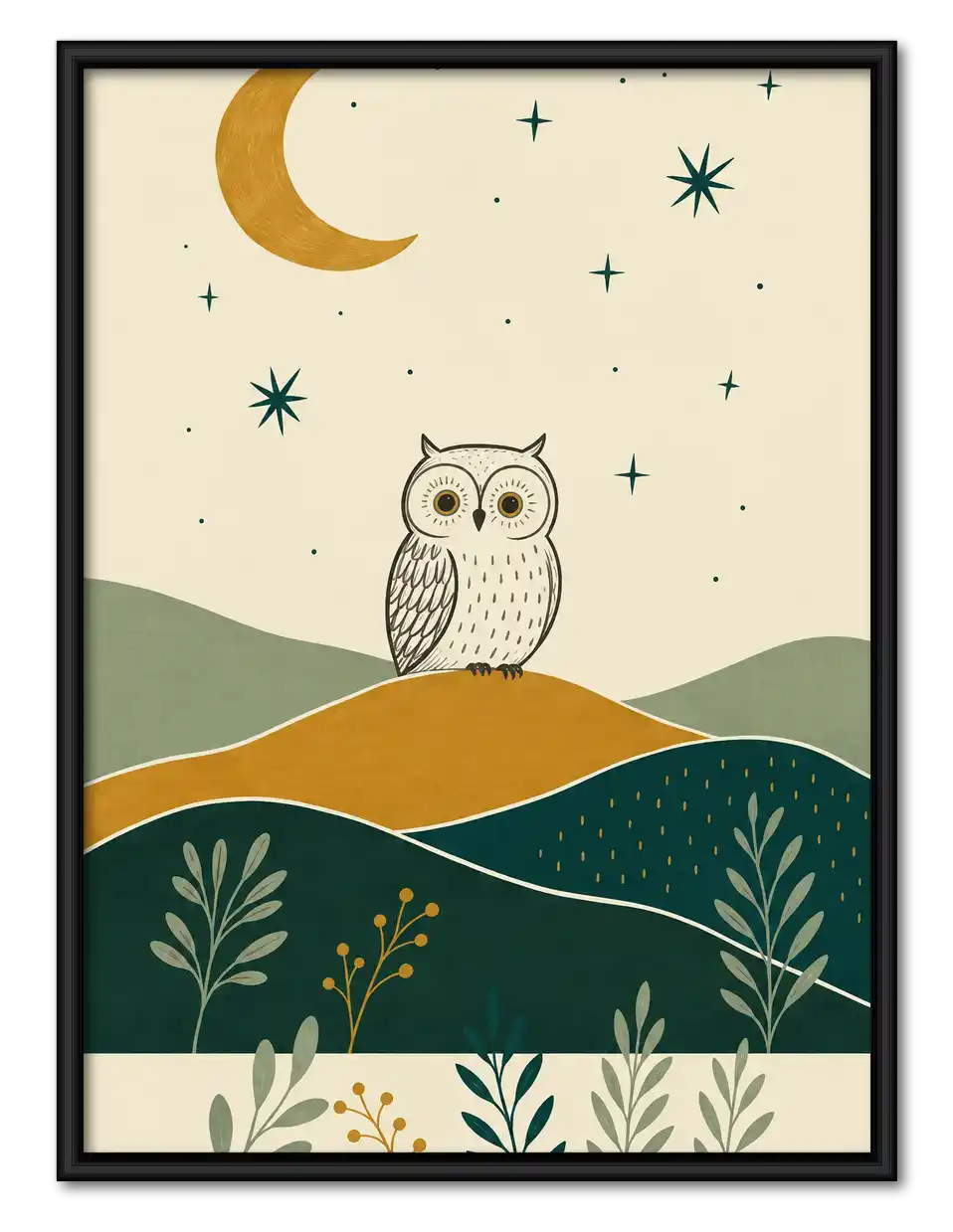Boho Owl Under Crescent Moon Wall Art 1