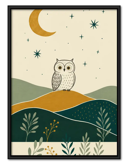 Boho Owl Under Crescent Moon Wall Art
