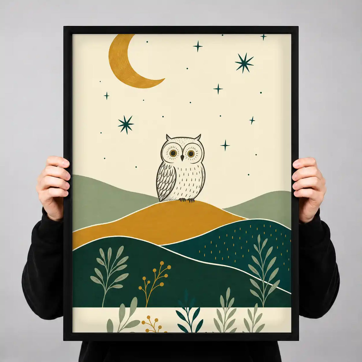 Boho Owl Under Crescent Moon Wall Art 3
