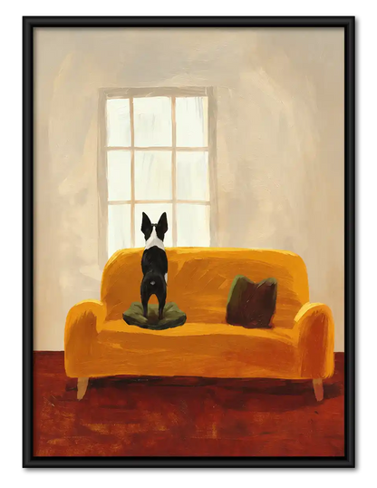 Boston Terrier On Yellow Sofa Wall Art 1