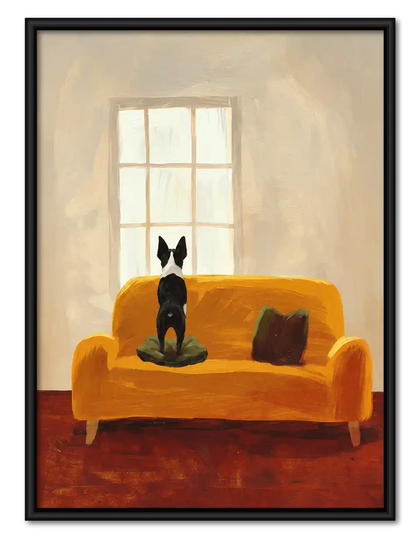 Boston Terrier On Yellow Sofa Wall Art