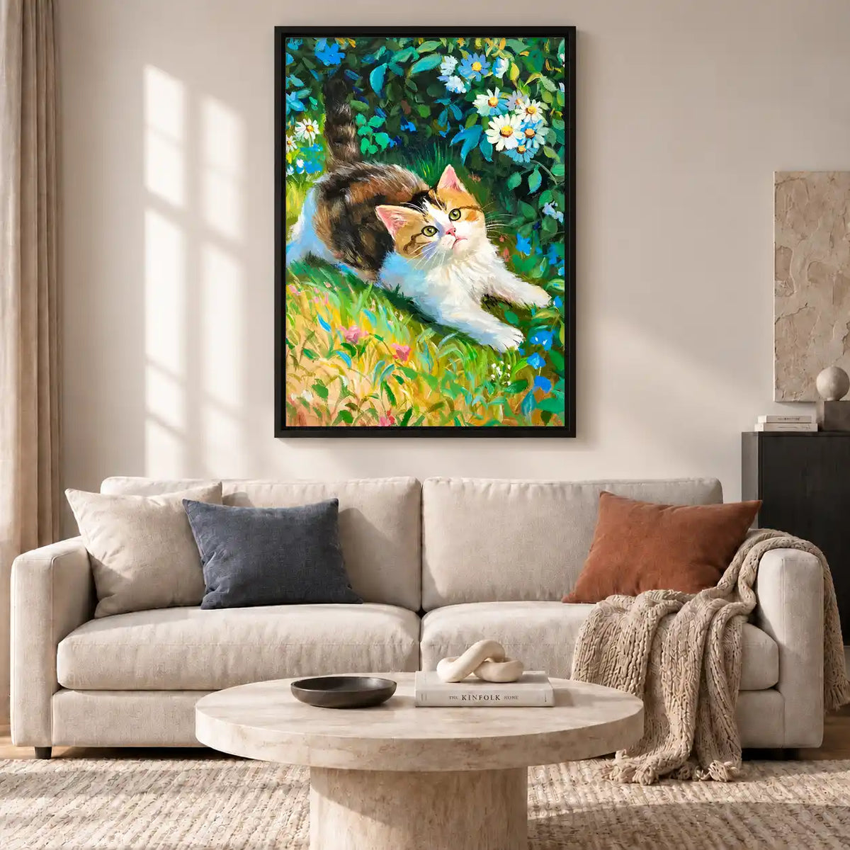 Calico Kitten In Blue Garden Wall Art 2