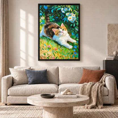 Calico Kitten In Blue Garden Wall Art 2