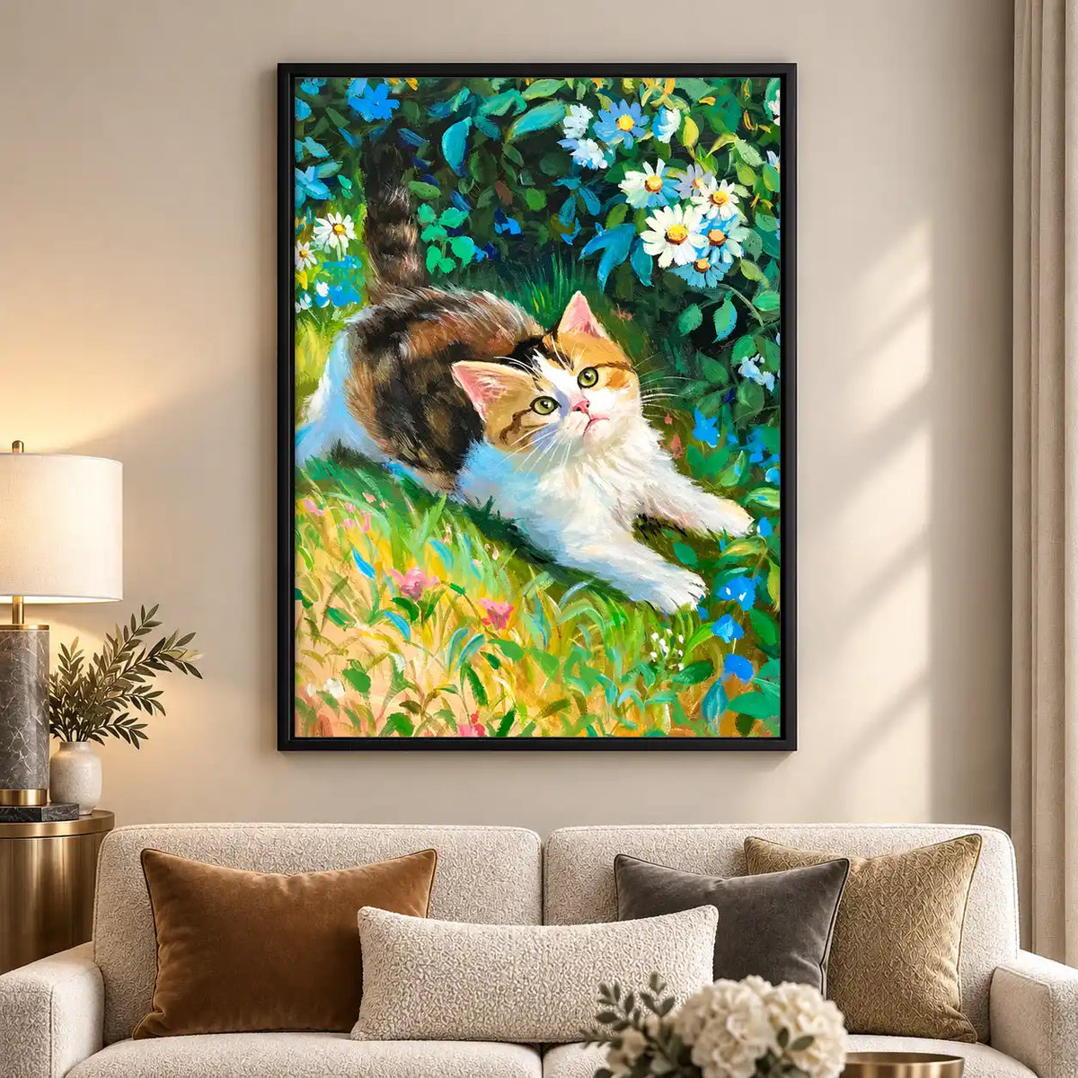 Calico Kitten In Blue Garden Wall Art 5