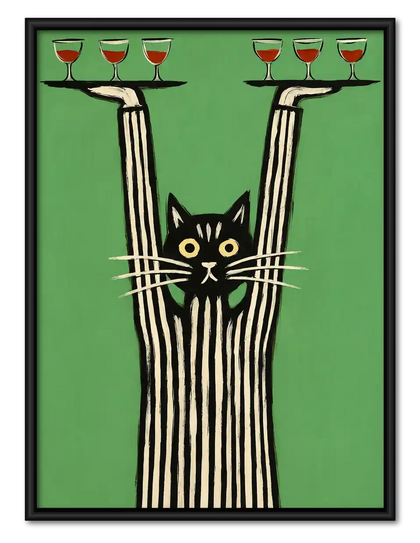 Cat Balancing Wine Glasses Wall Art