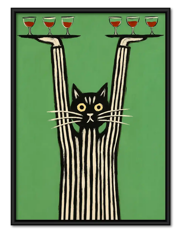Cat Balancing Wine Glasses Wall Art