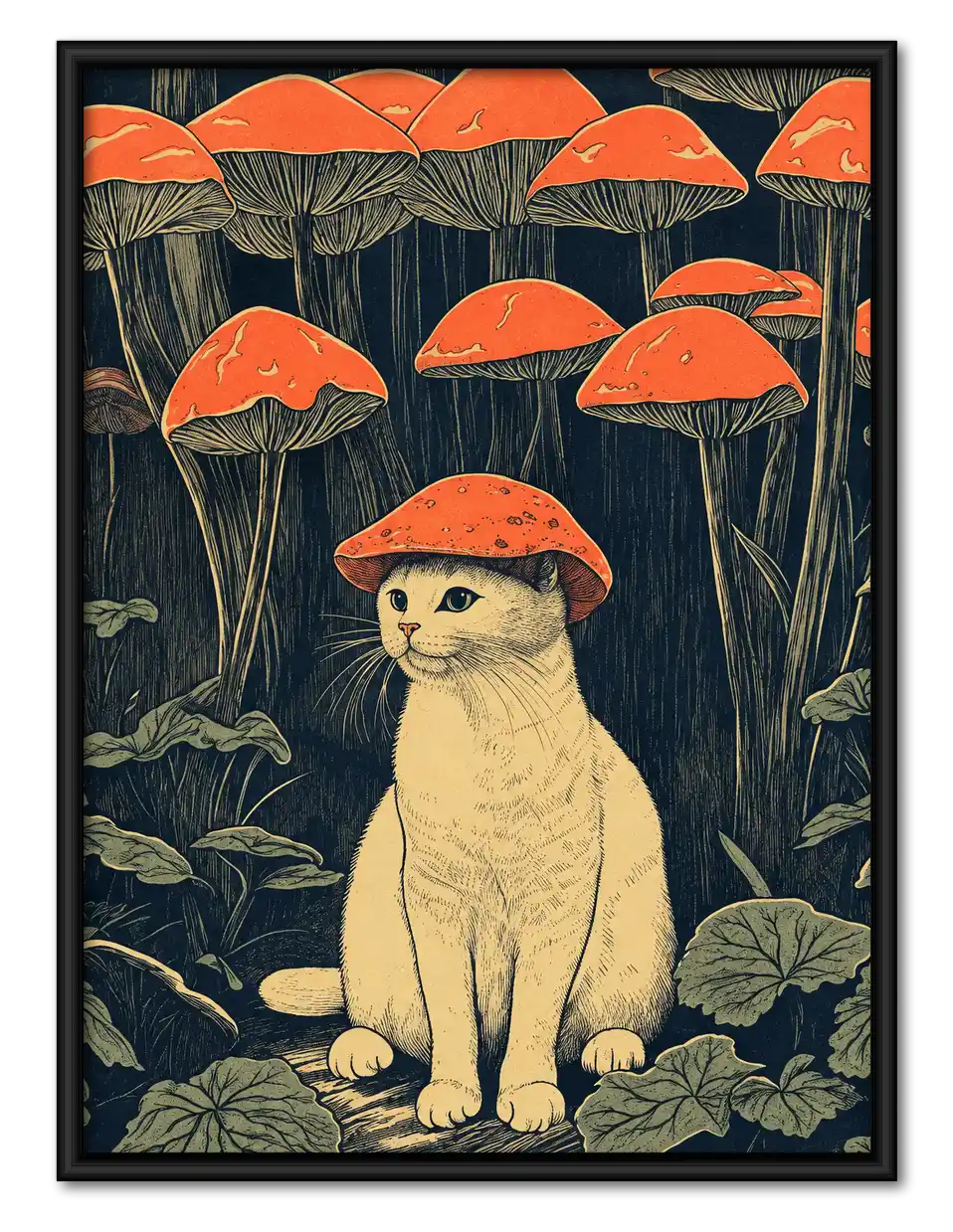 Cat Beneath Red Mushroom Forest Wall Art 1
