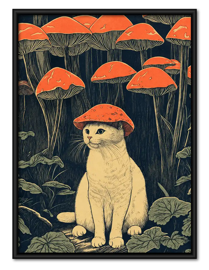 Cat Beneath Red Mushroom Forest Wall Art