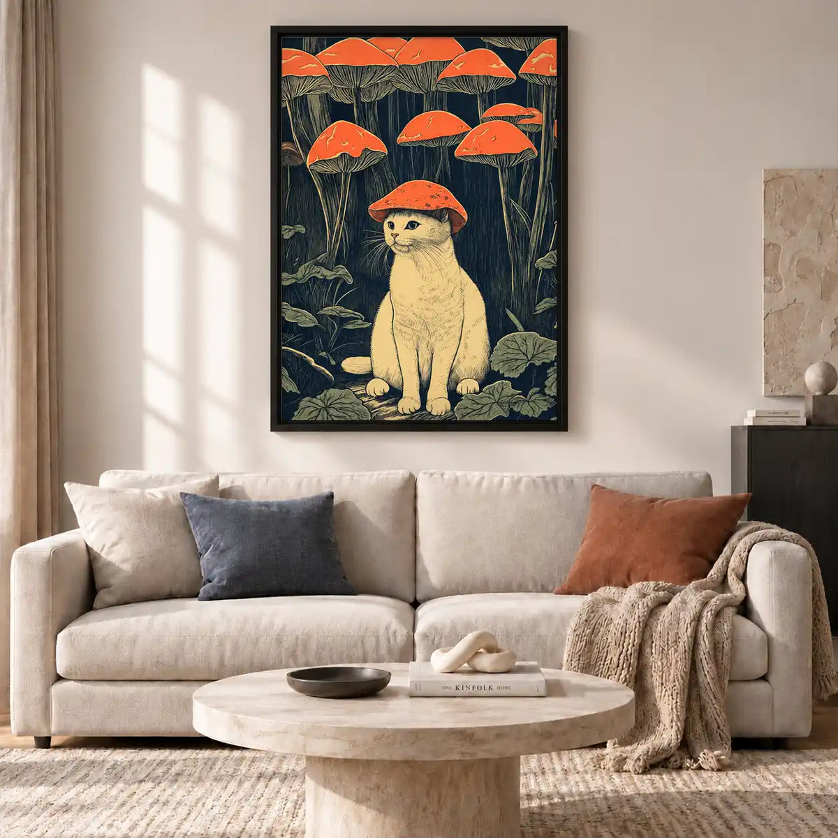 Cat Beneath Red Mushroom Forest Wall Art 2