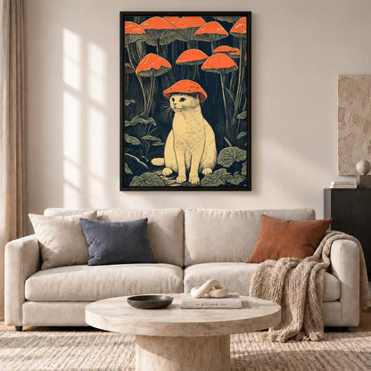 Cat Beneath Red Mushroom Forest Wall Art 2