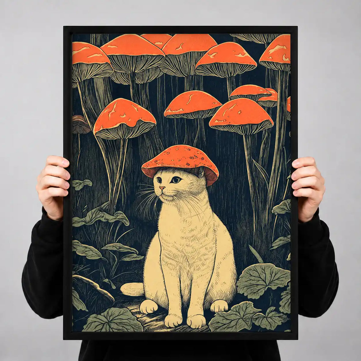 Cat Beneath Red Mushroom Forest Wall Art 3