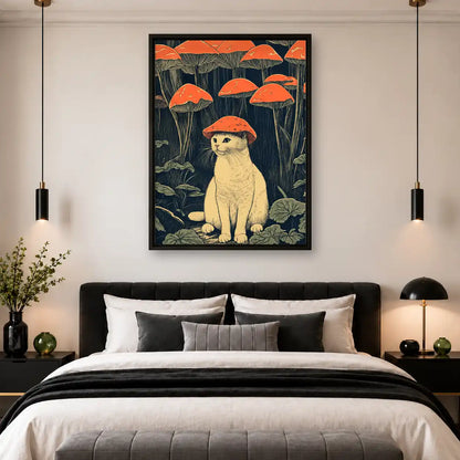 Cat Beneath Red Mushroom Forest Wall Art 4