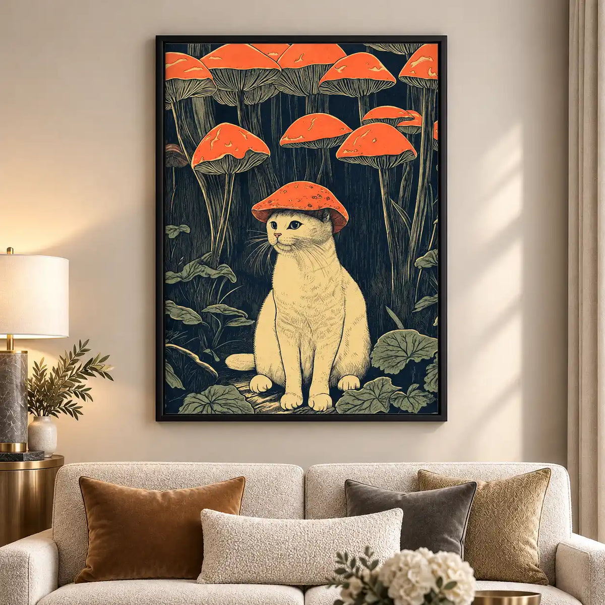 Cat Beneath Red Mushroom Forest Wall Art 5
