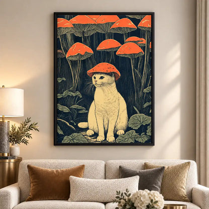 Cat Beneath Red Mushroom Forest Wall Art 5