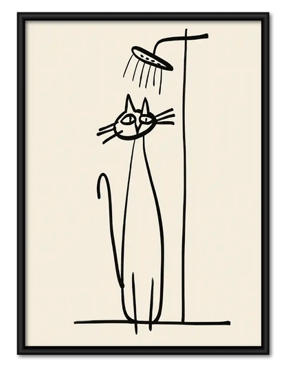 Cat Standing Under Shower Line Art Wall Art 1