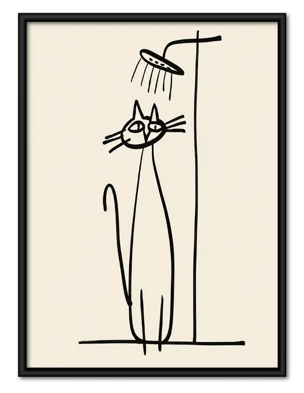 Cat Standing Under Shower Line Art Wall Art
