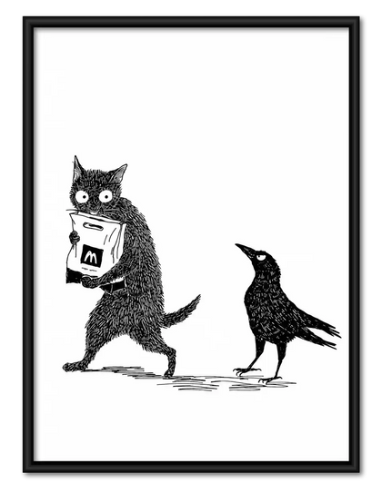 Cat Stealing From Crow Wall Art