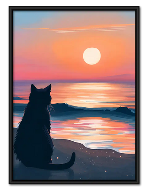 Cat Watching Pink Ocean Sunset Wall Art