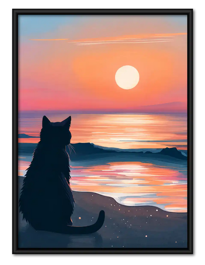 Cat Watching Pink Ocean Sunset Wall Art