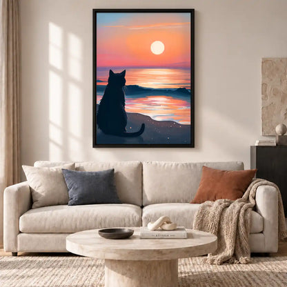 Cat Watching Pink Ocean Sunset Wall Art 2